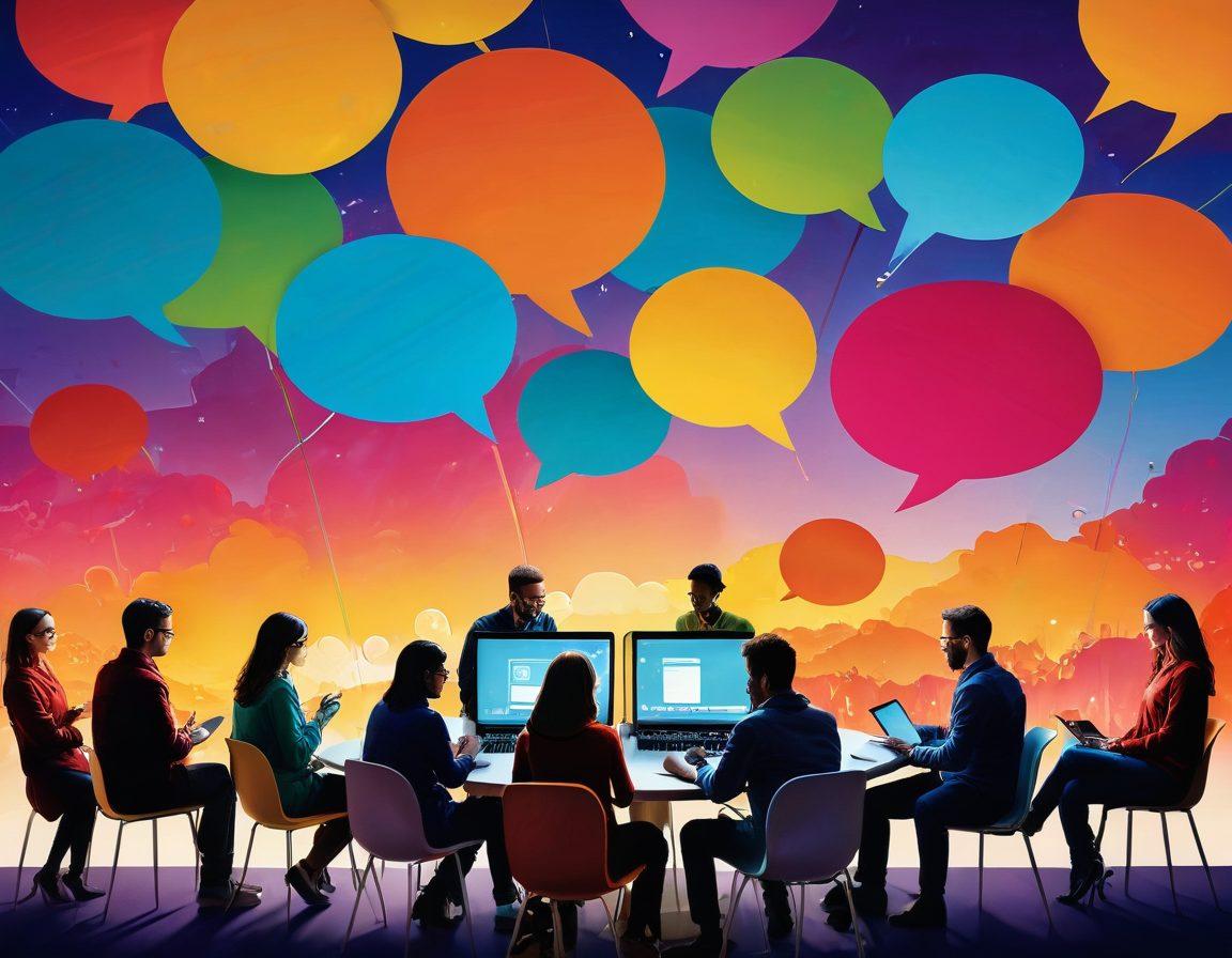 A bustling digital landscape featuring diverse people engaging in lively discussions, sharing experiences through various devices like laptops and smartphones. Bright, colorful speech bubbles filled with insights float above their heads, symbolizing a vibrant exchange of ideas. The background showcases a blend of technology and community elements, like interconnected nodes and community symbols. Warm colors and a cheerful atmosphere create a welcoming feel. super-realistic. vibrant colors. dynamic composition.