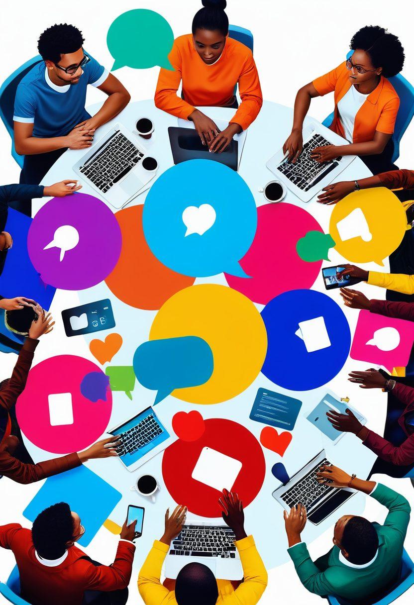 A vibrant digital collage depicting a diverse group of people engaged in animated discussions at a round table, surrounded by colorful speech bubbles representing various topics. Include elements symbolizing community, such as hands joining together, heart icons, and tech motifs like laptops and smartphones. The background features abstract shapes and soft gradients to evoke a sense of connectivity and inclusiveness. super-realistic. vibrant colors. 3D.